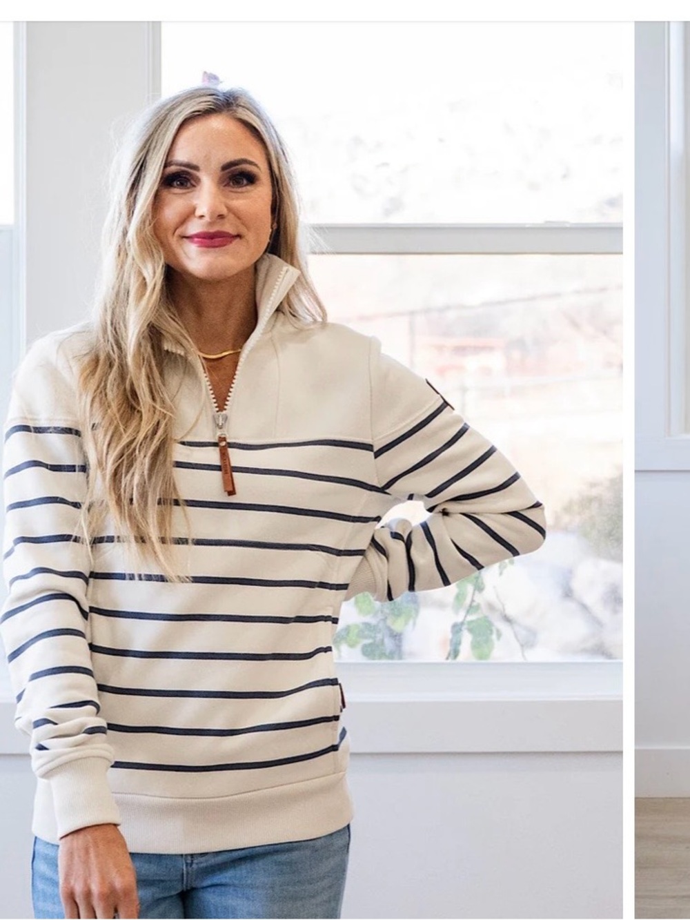 Wanakome Ivory & Navy Striped Quarter-Zip Pullover
